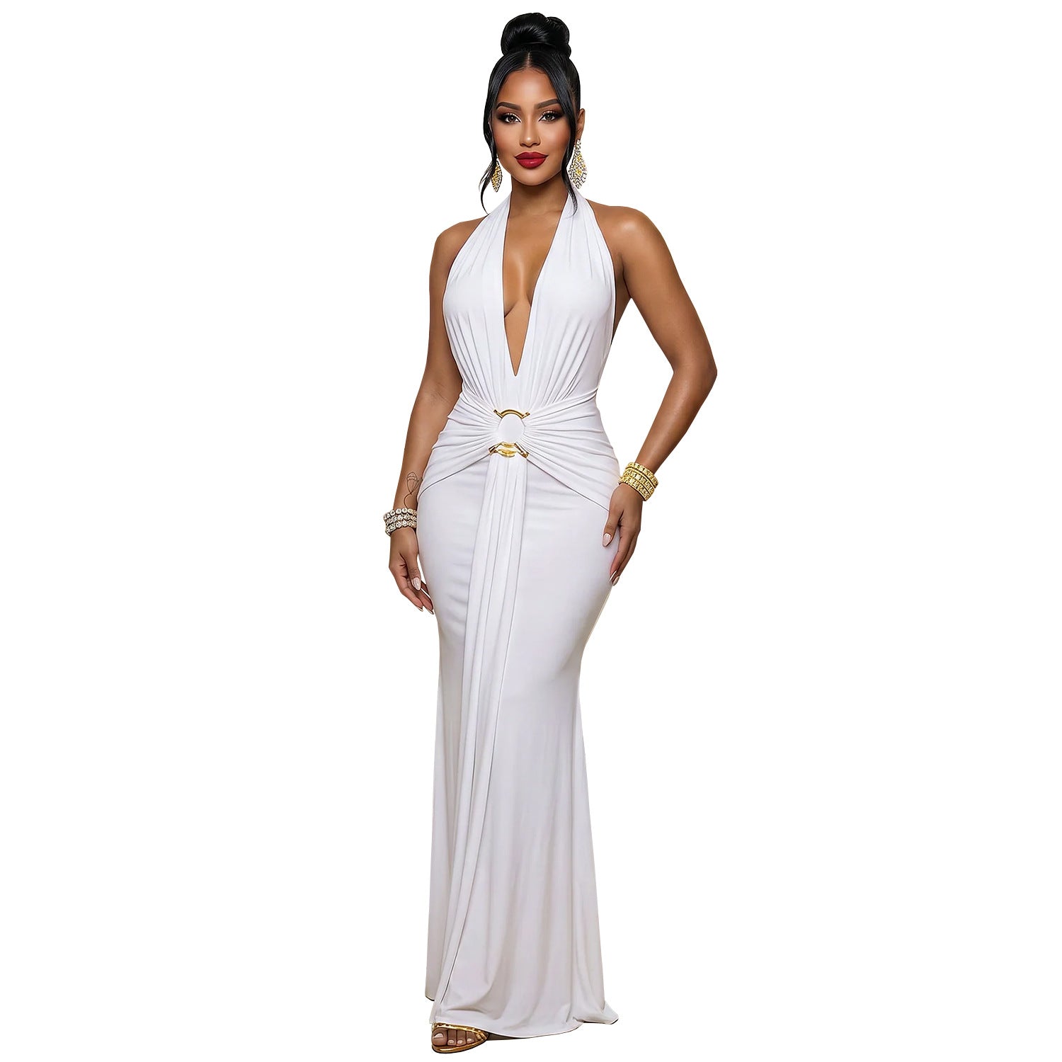 Robe de soirée pour femmes Halter Deep V Ruffled Sirène