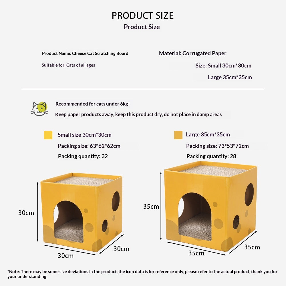 Cheese-box Cat Scratcher et lit de chat en carton ondulé avec deux niveaux