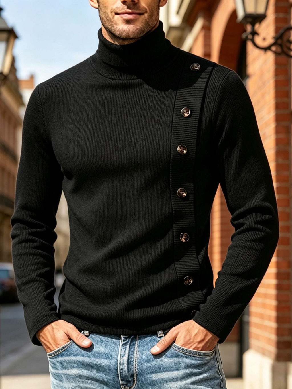 T-shirt de Texture à col haut pour homme de taille européenne avec boutons diagonaux