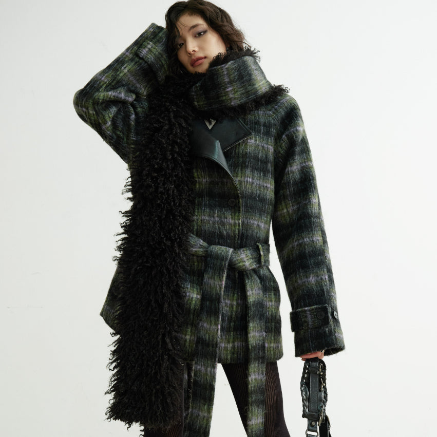Manteau en laine de couleur mélangée en écharpe ultra-long