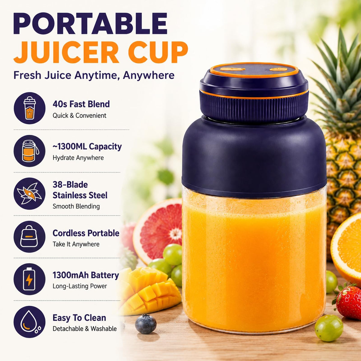 Bouteille de mélangeuse sans fil 1300ml Portable Rechargeable Smoothie