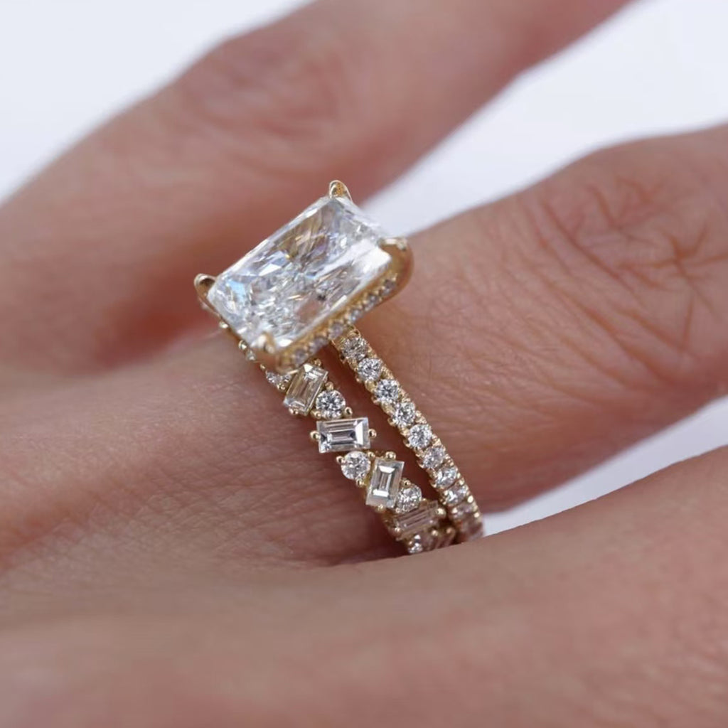 S925 Argent plaqué or 3ct Coupe émeraude Moissanite bague de mariage ensemble 7x9mm D Couleur VVS1 US S