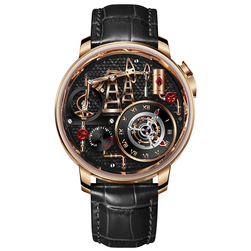 Montre homme avec pompe à huile Mouvement en acier inoxydable et bracelet en cuir