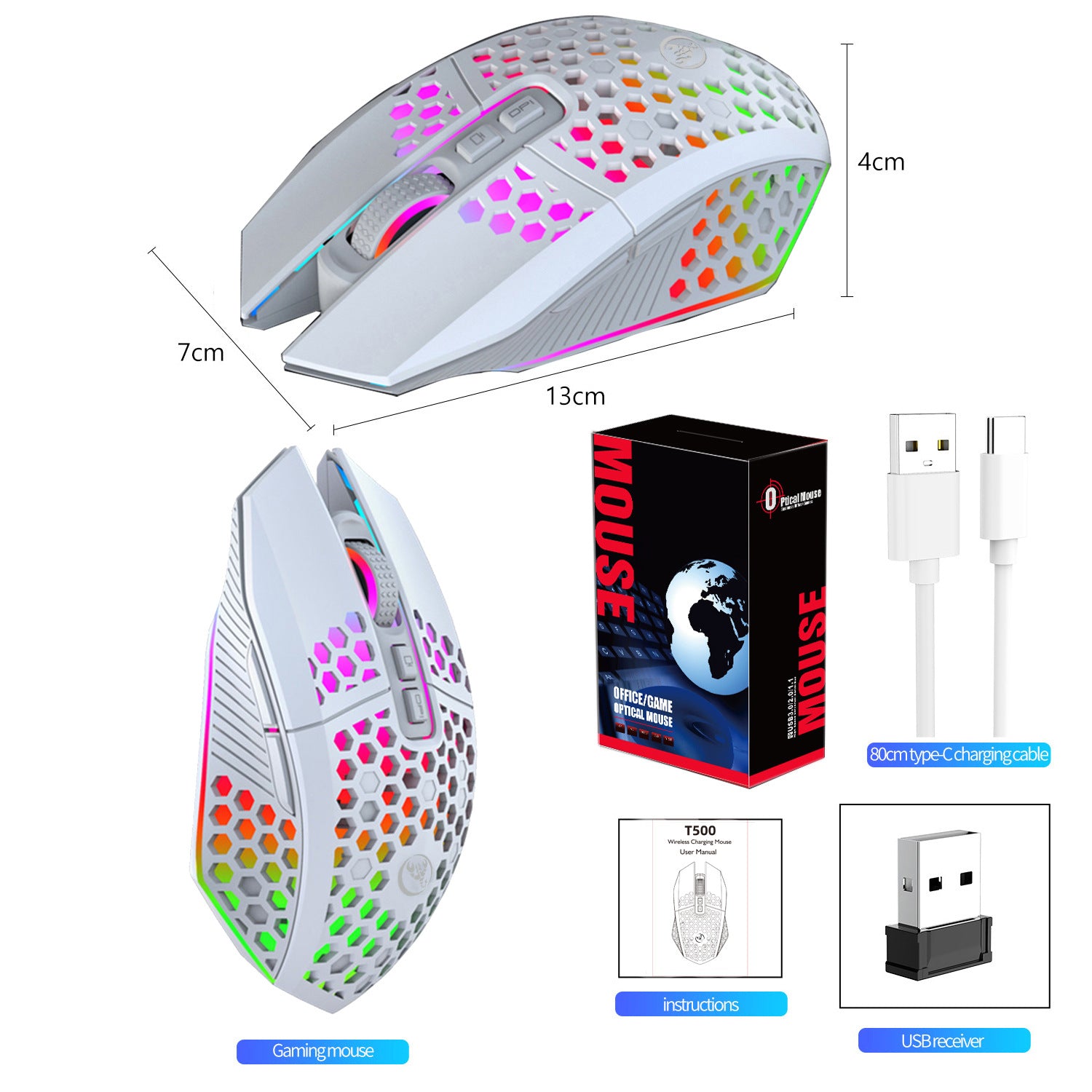 T500 Hole Mouse 24G Souris sans fil rechargeable illuminée