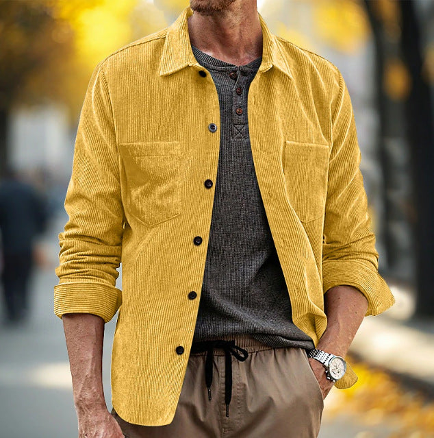Homme Corduroy manches longues Casual Pocket Lapel Veste chemise