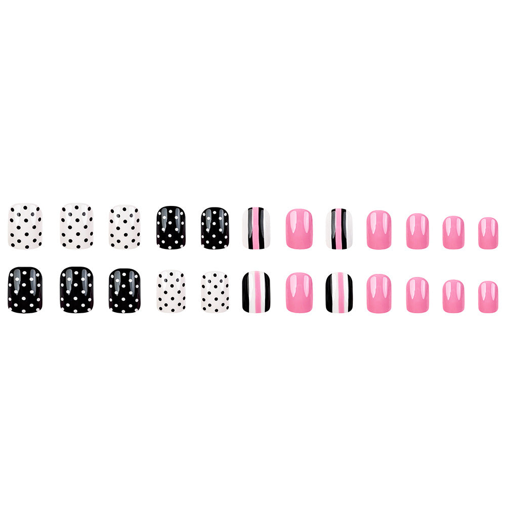 Stickers 24 Pièces de Nail Acrylique Rose Court Carré avec points noirs et rayés