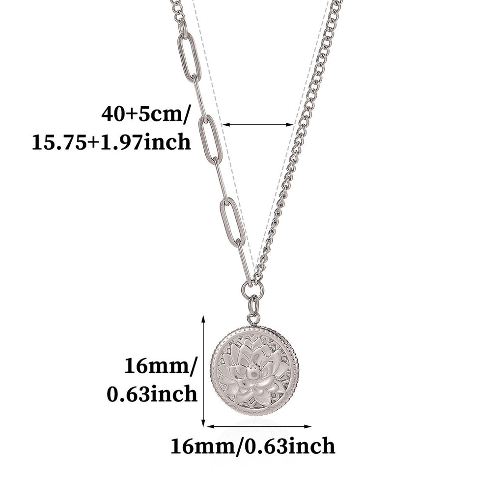 European American Vintage Embossed Lotus rond Collier Titanium acier asymétrique Ch