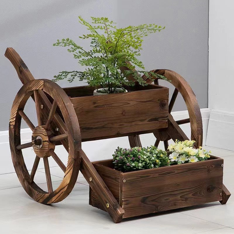 Pot de voyage en bois carbonisé Pot de fleur Forme de roue Jardin Pot de fleur décoratif Ou