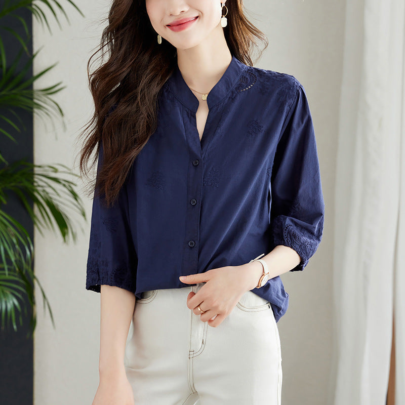 Blouse blanche à col V Manches à trois quarts Arrivée Coton pur