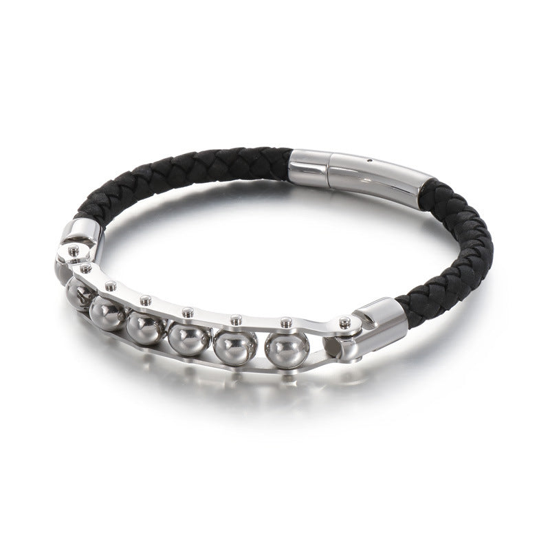 Bracelet en cuir tressé en acier inoxydable rotatif pour homme
