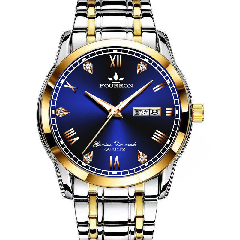 Double calendrier lumineux Quartz acier inoxydable Imperméable montre homme avec montre