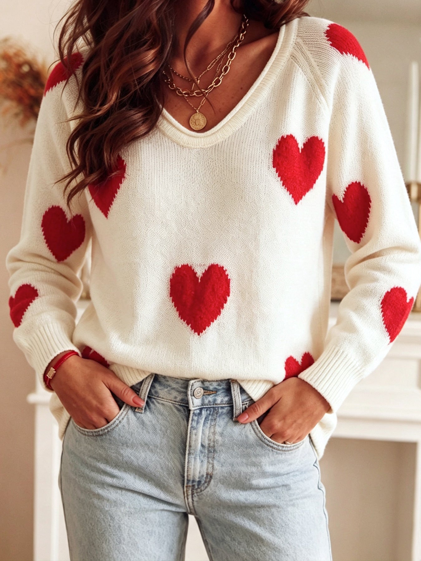 Crème Casual Overzied Blanc Tout sur le coeur rouge Pattern longue manches tricot dessus pour les femmes