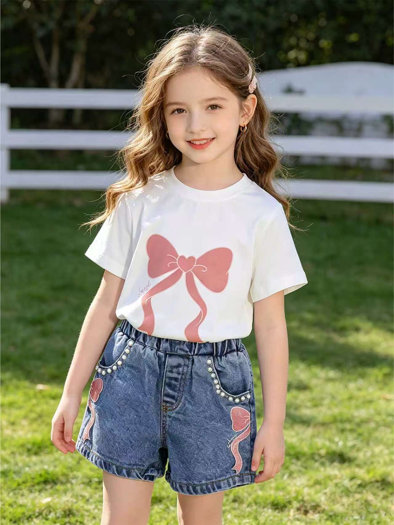 Filles Col rond Imprimé Top et Denim Jeans Set