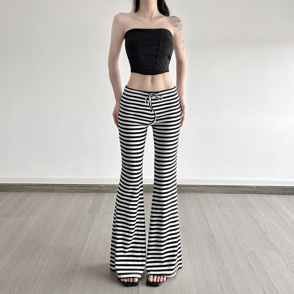 Style américain Retro Color-block Striped Tie-detail Boot-cut Lounge Pantalons