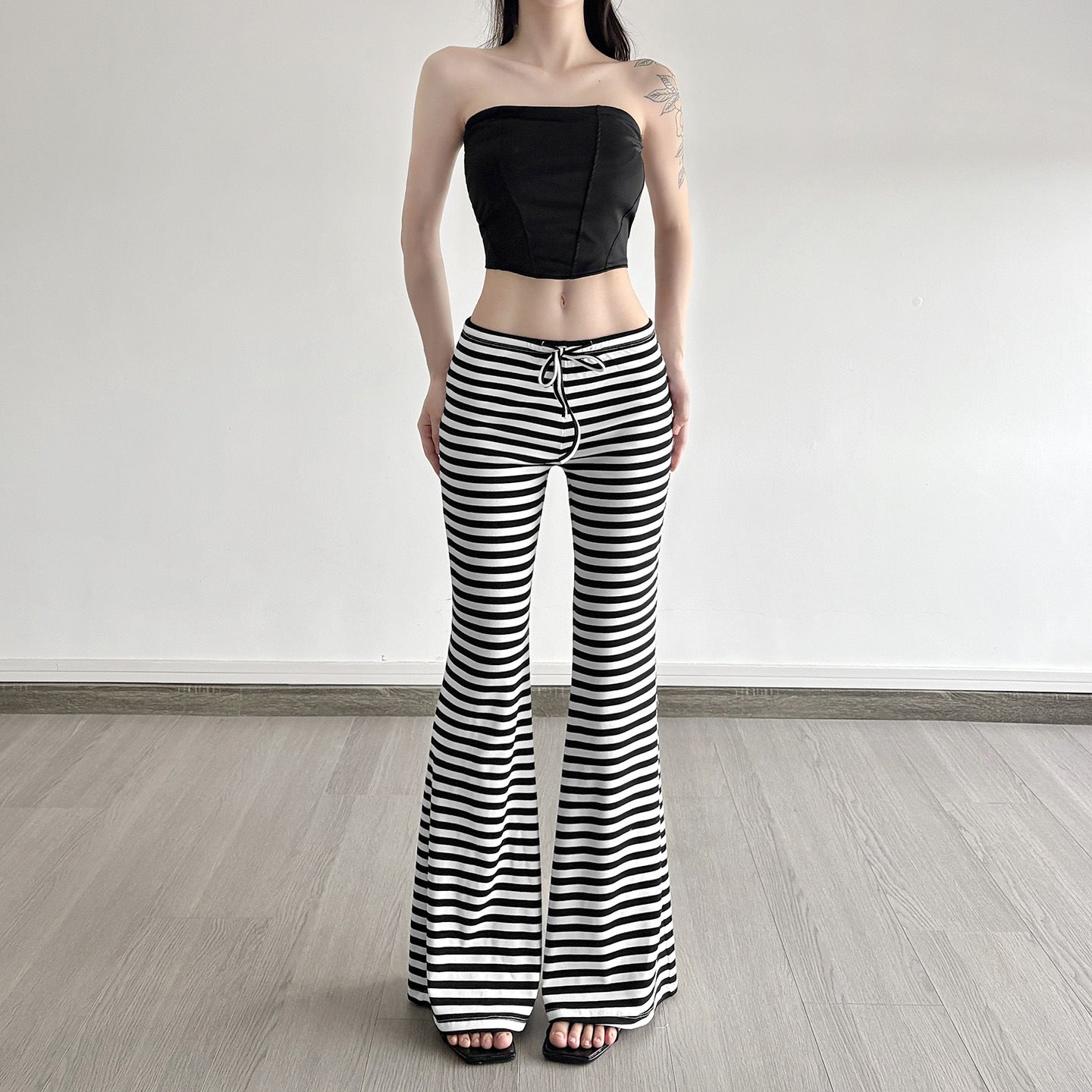 Style américain Retro Color-block Striped Tie-detail Boot-cut Lounge Pantalons
