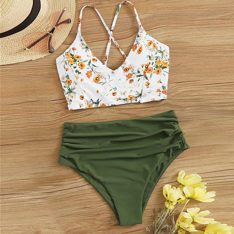 Femme Imprimé Contrasting-Color Drawstring Bikini maillot de bain deux pièces