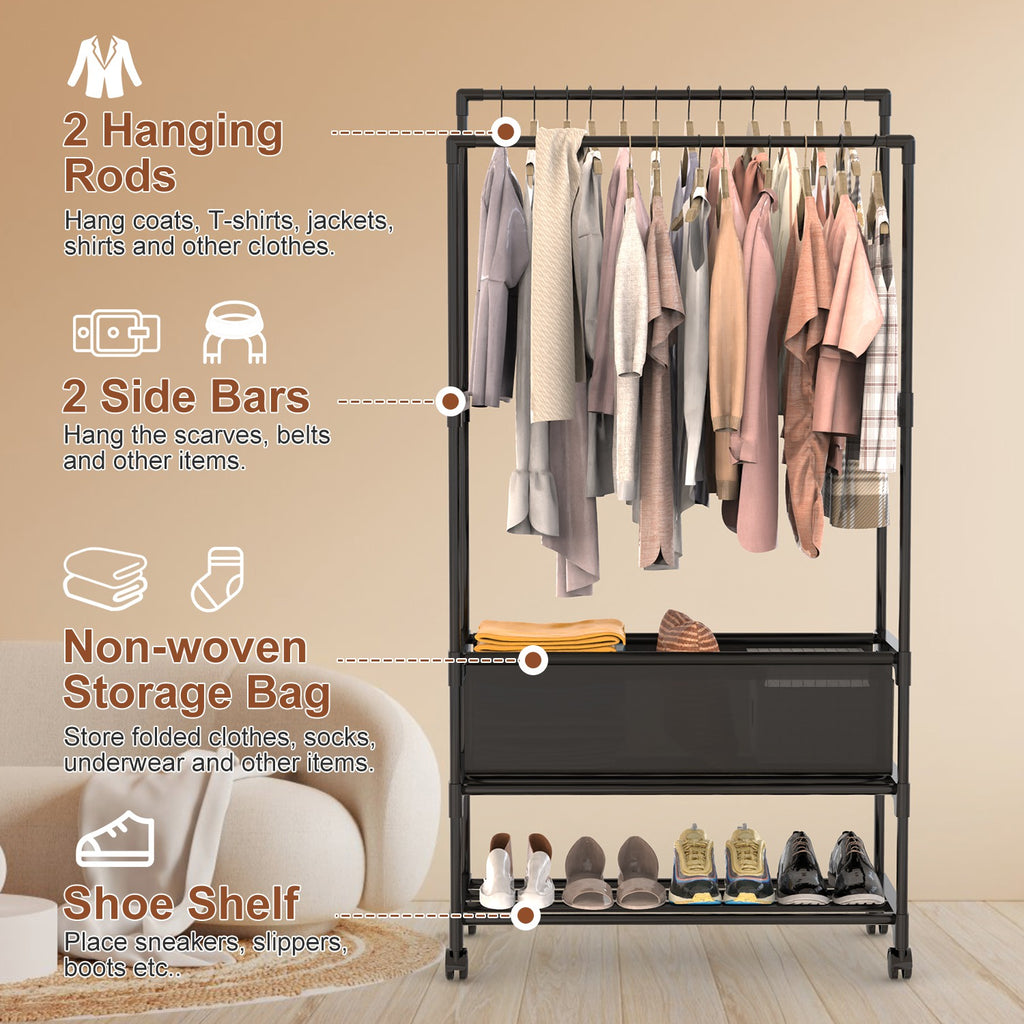 1Pc Double Rods Garment rack avec sac de rangement Portable rack de vêtements avec étagères verrouillables