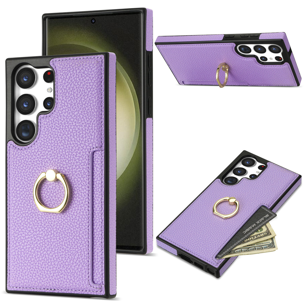 Style Litchi fixation carte bague Portefeuille anti-chute Shell
