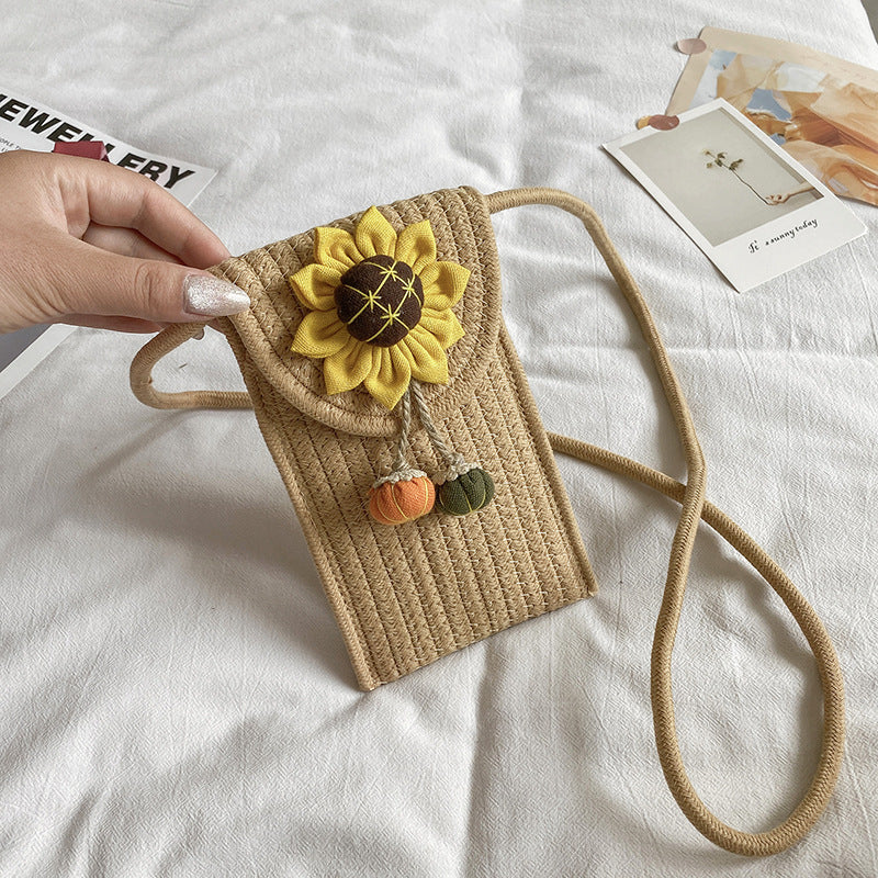 Été Cotton Rope Woven Phone Bag avec le design floral mono-épaule style