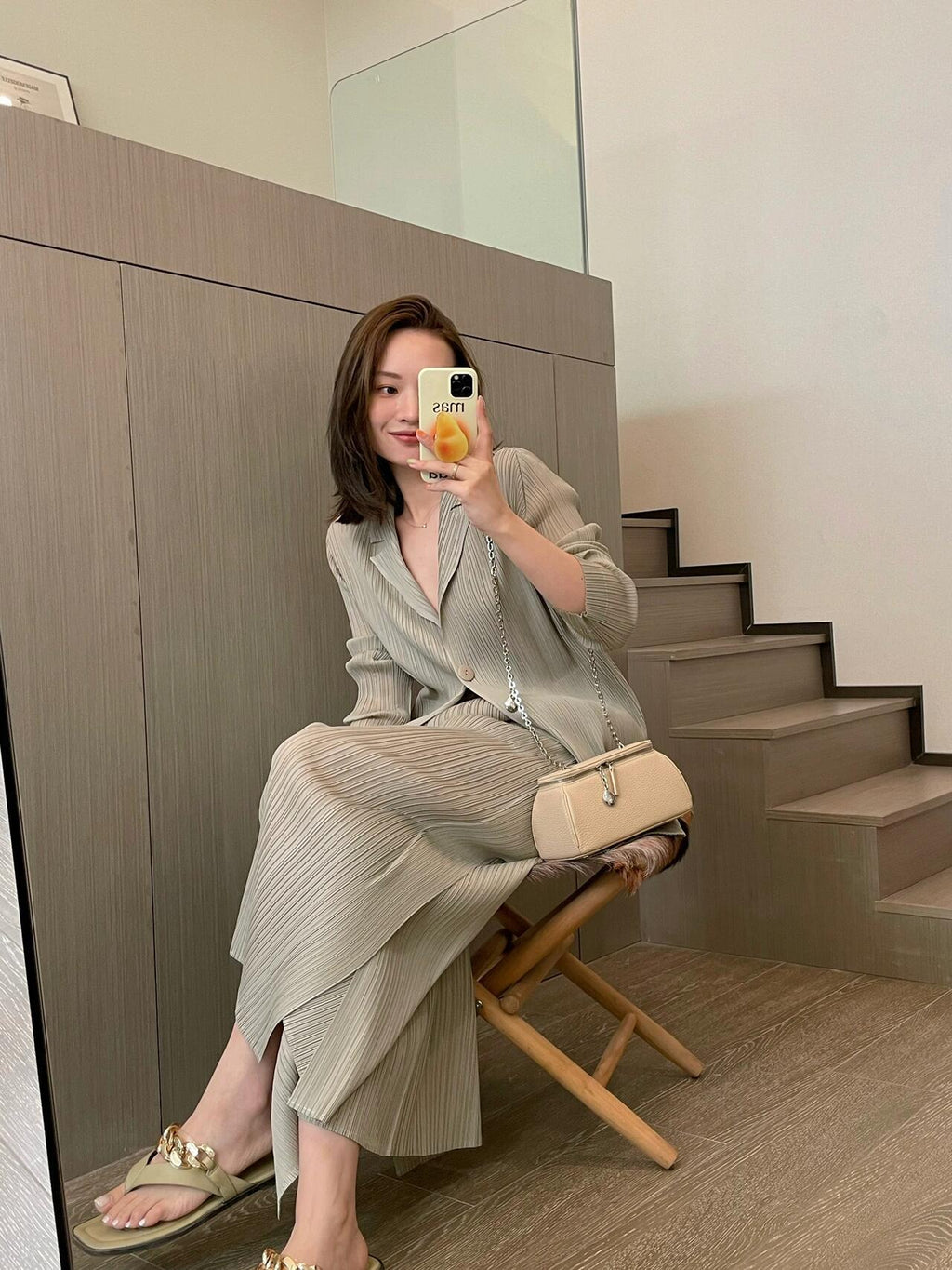 Ensemble de cardigan plissé pour femmes Minimalist Casual Veste et pantalons à manches longues à deux pièces