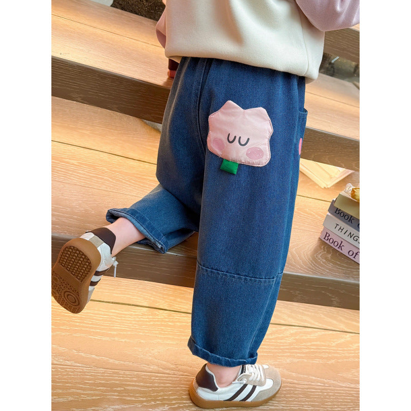Filles Polyester Fibre Cartoon Pocket Jeans