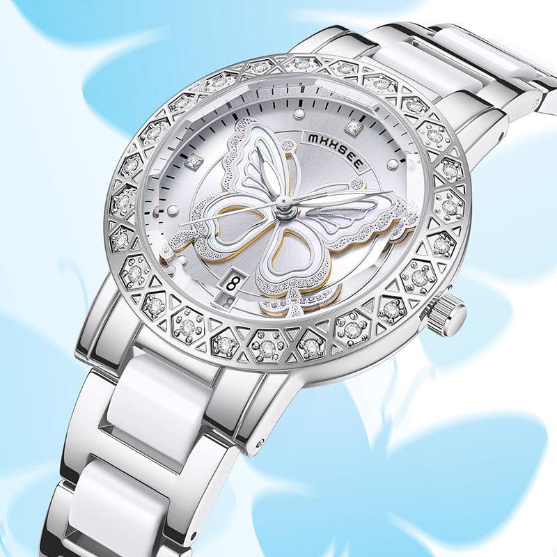 Butterfly Montre de luxe pour femmes avec calendrier et bracelet en acier