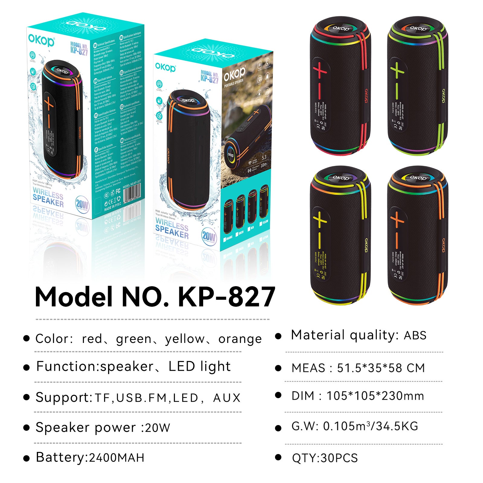 KP-827 Haut-parleur bluetooth en plein air portable à deux conducteurs haute puissance Stéréo Subwo
