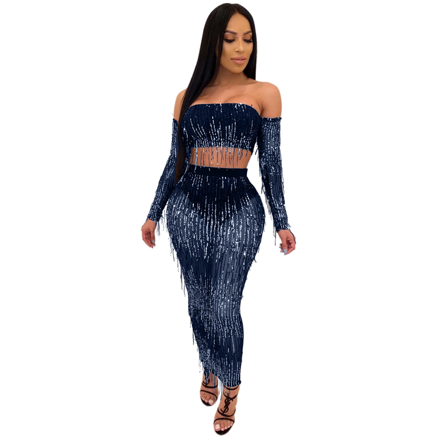 Mode Sexy See-through Mesh Sequins Tassel Ensemble deux pièces