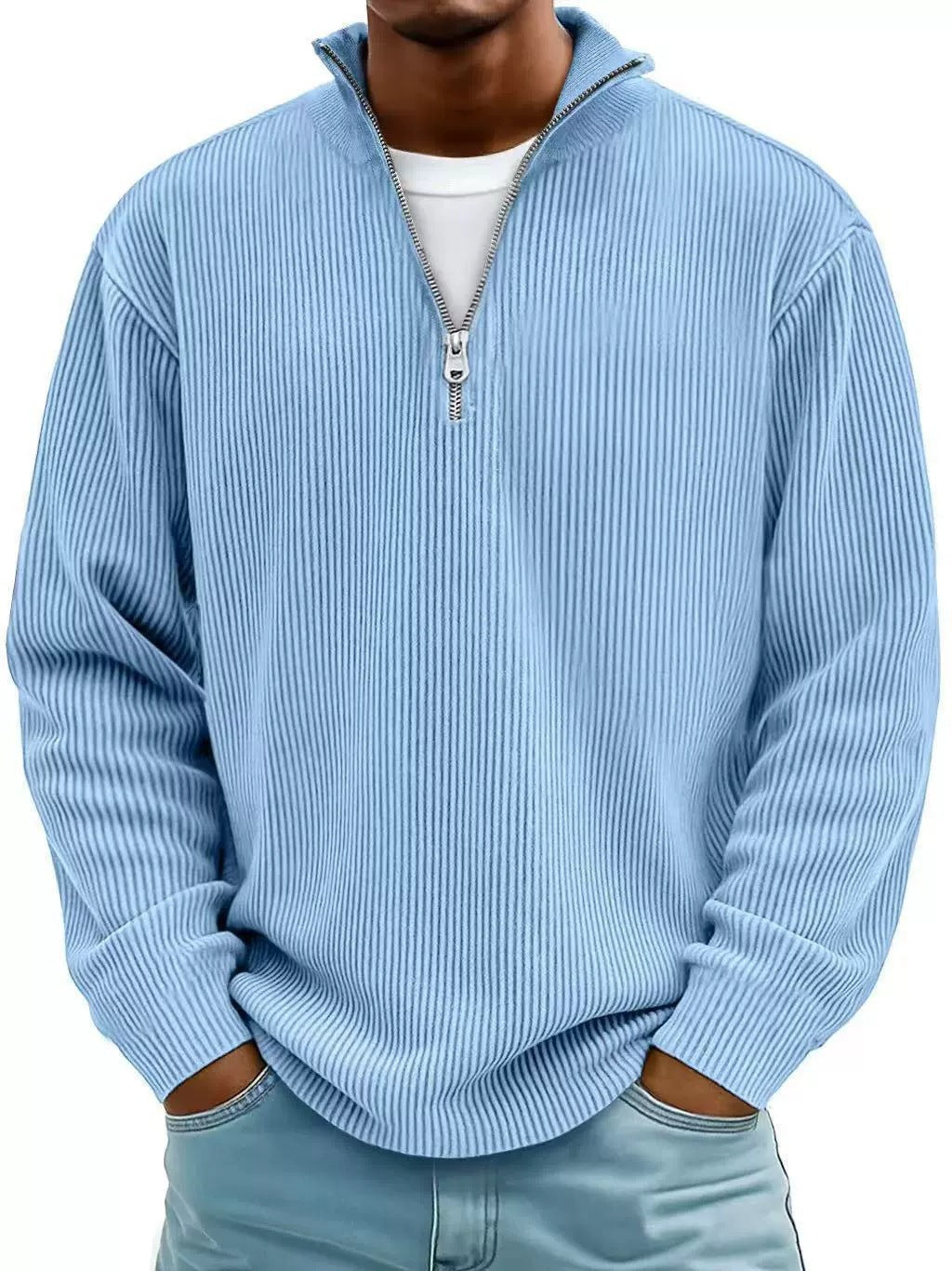Amazon Arrivée Automne Hommes Casual Top Stand Collared Corduroy Longue Manches Hommes Polo Shir