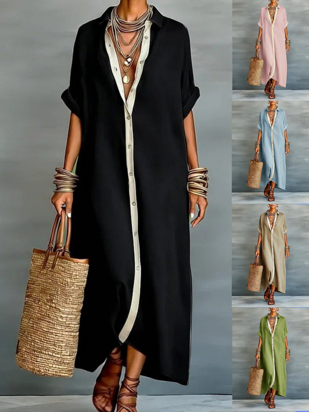 Robe de plage décontractée pour femmes manches courtes Bouton vers le bas Maxi