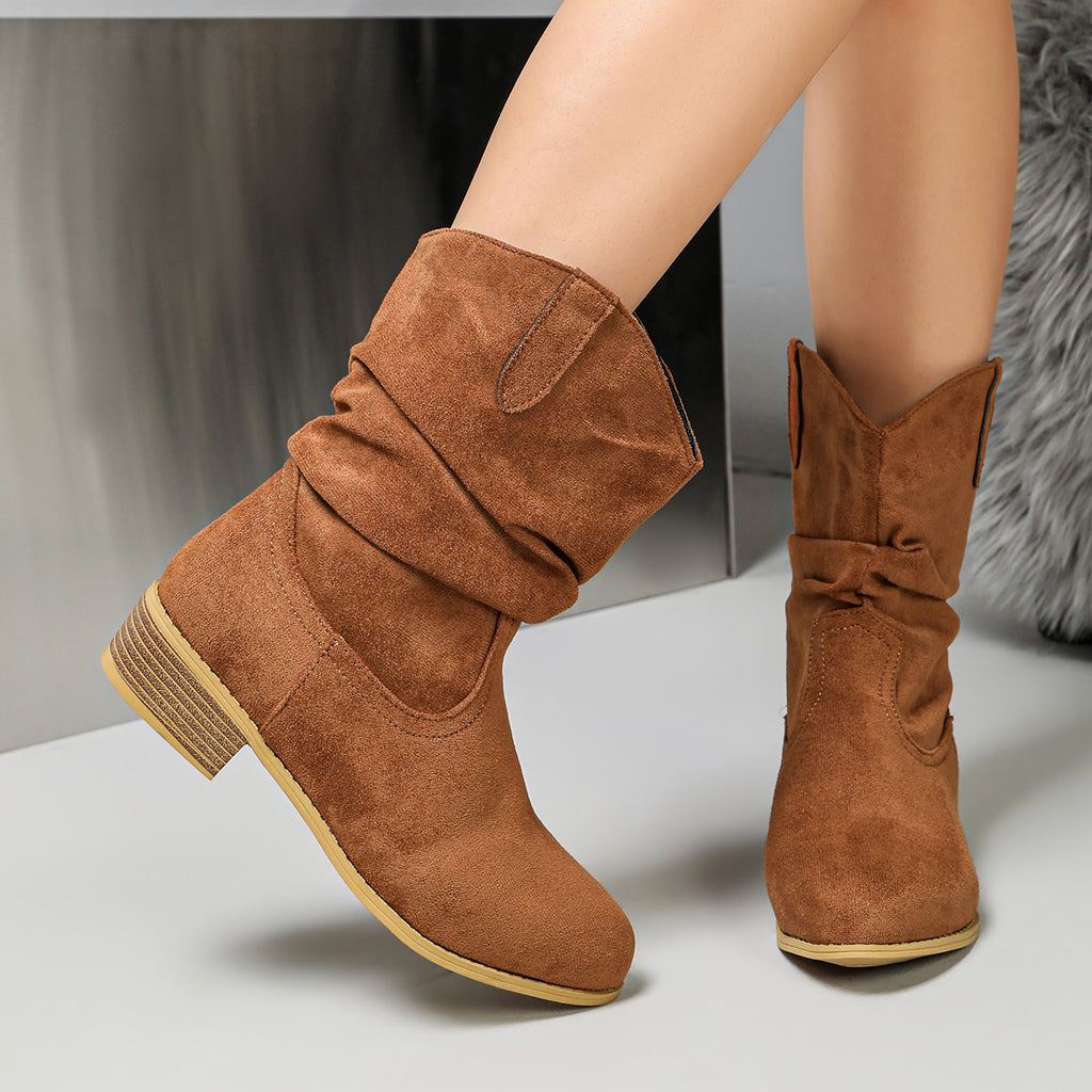 Automne Hiver Femmes Vintage Slouchy Bottes de l'Ouest Block intermédiaire Talon stretch Tir sur la cheville Boot