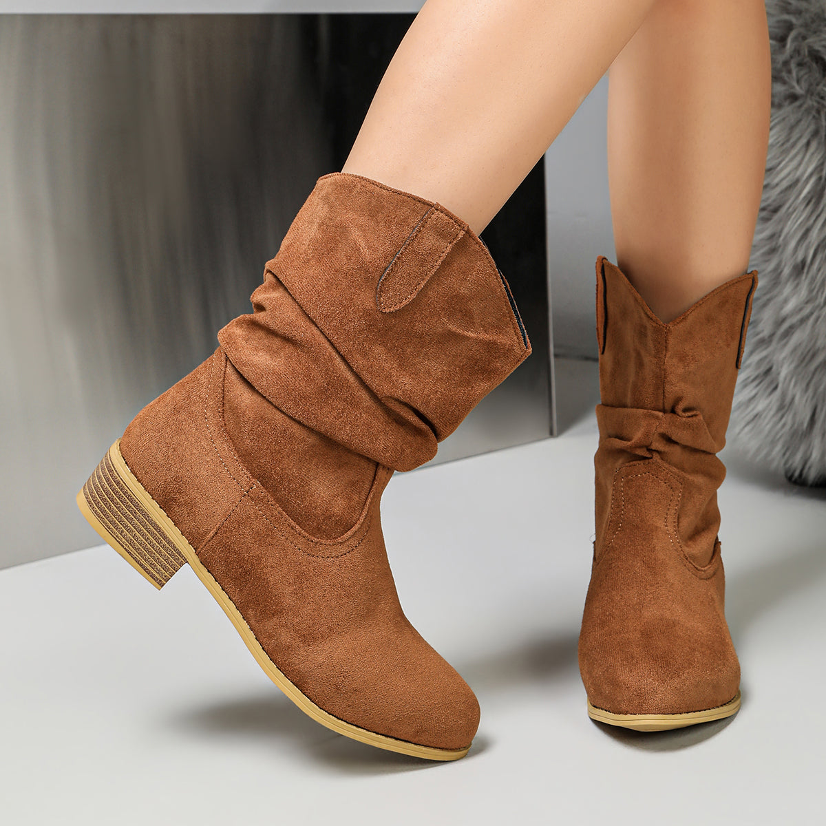 Automne Hiver Femmes Vintage Slouchy Bottes de l'Ouest Block intermédiaire Talon stretch Tir sur la cheville Boot