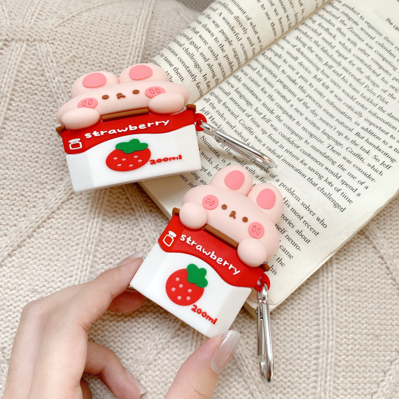 Coffret d'écouteur sans fil de lait de fraise mignon Silicone