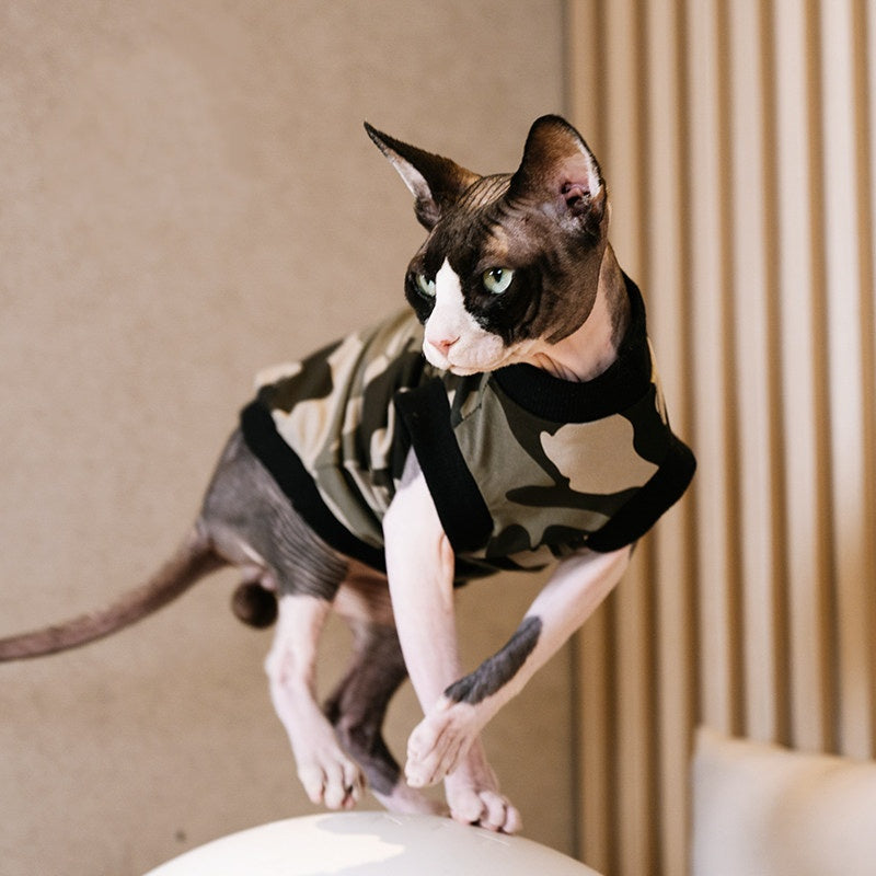 Sphynx Cat Camouflage Cotton Été Chemise Respirante Vêtements légers pour chat sans cheveux