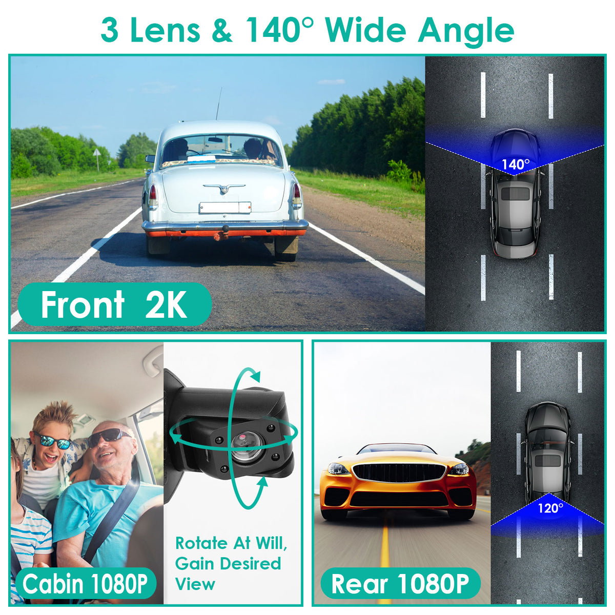 2K Car DVR 3 Channel Dash Cam Recorder Camera with 140 Degree Angle GPS WiFi Nig