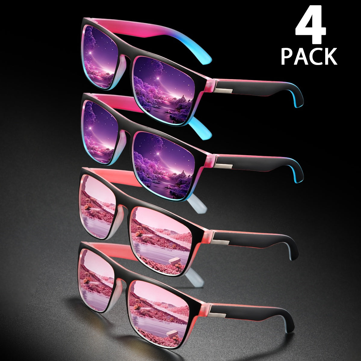 4 Pack Hommes Lunettes de soleil carrées Set Miroir réfléchissant Verre Protection UV400 Lunettes de soleil Ligh