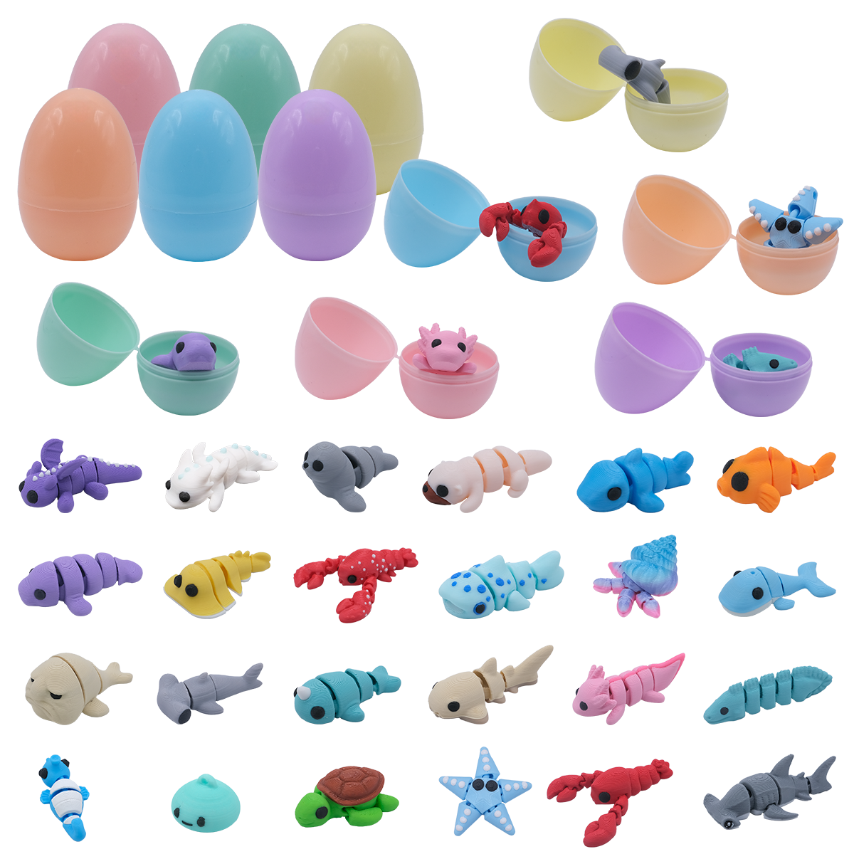 24PCS Imprimé 3D Mini animaux d'océan avec 6 oeufs de Pâques