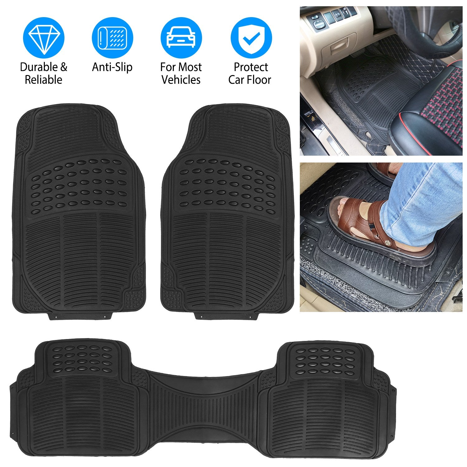 Set de 3Pcs tapis de sol automobile Set avant arrière PVC tapis de sol en caoutchouc
