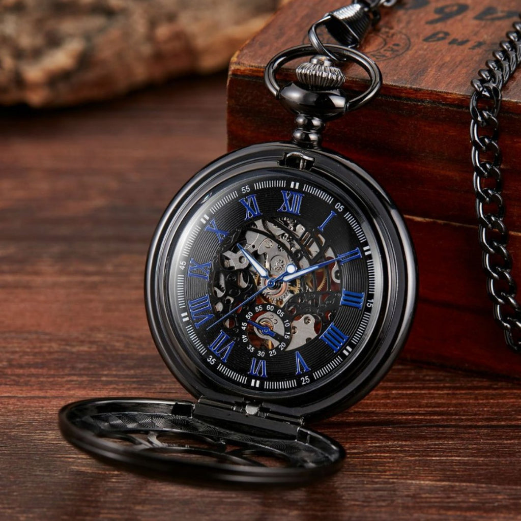 Montre de poche mécanique Pétale bleue noire