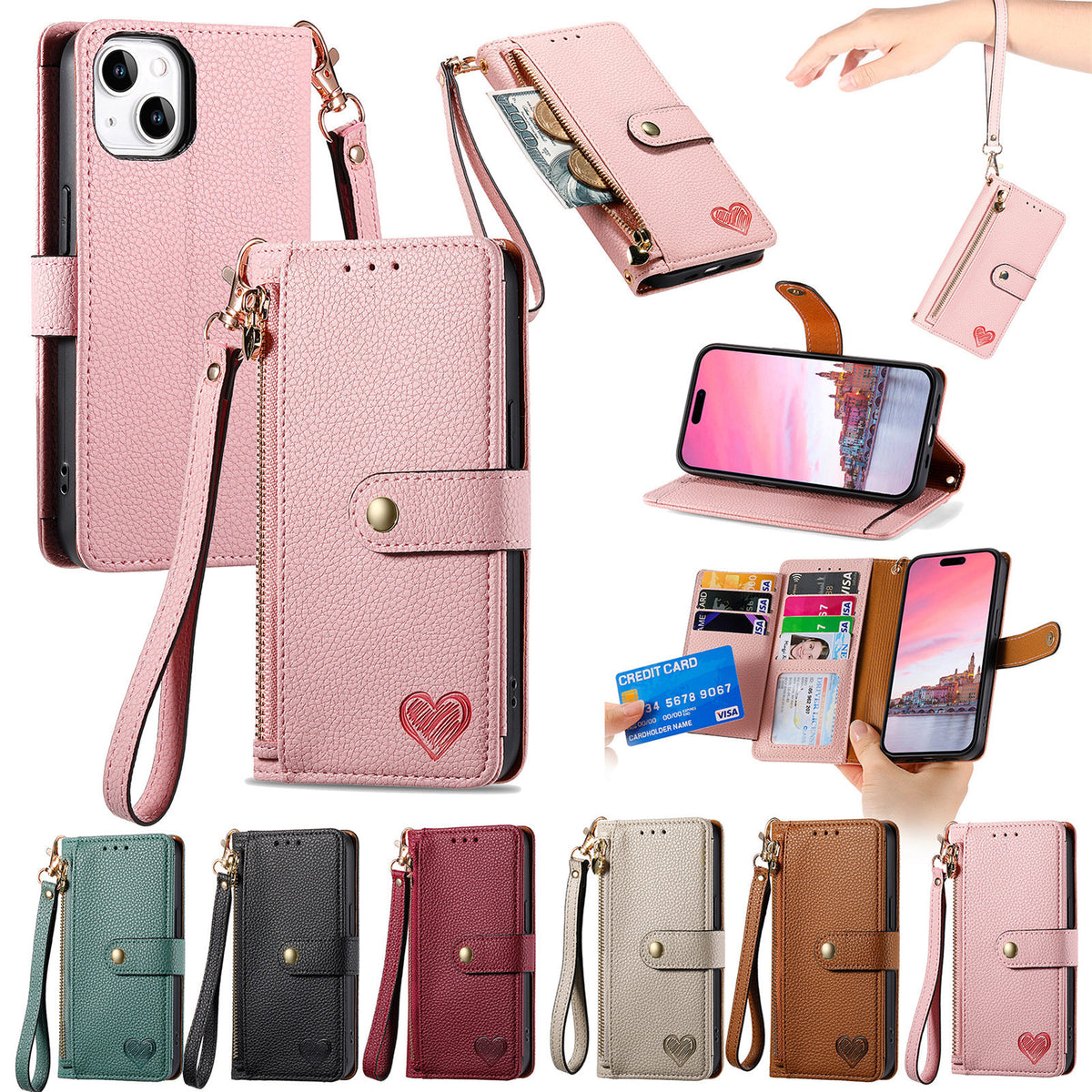 Love Sleeve PU Litchi Motif RFID antivol Lanyard Coque téléphonique
