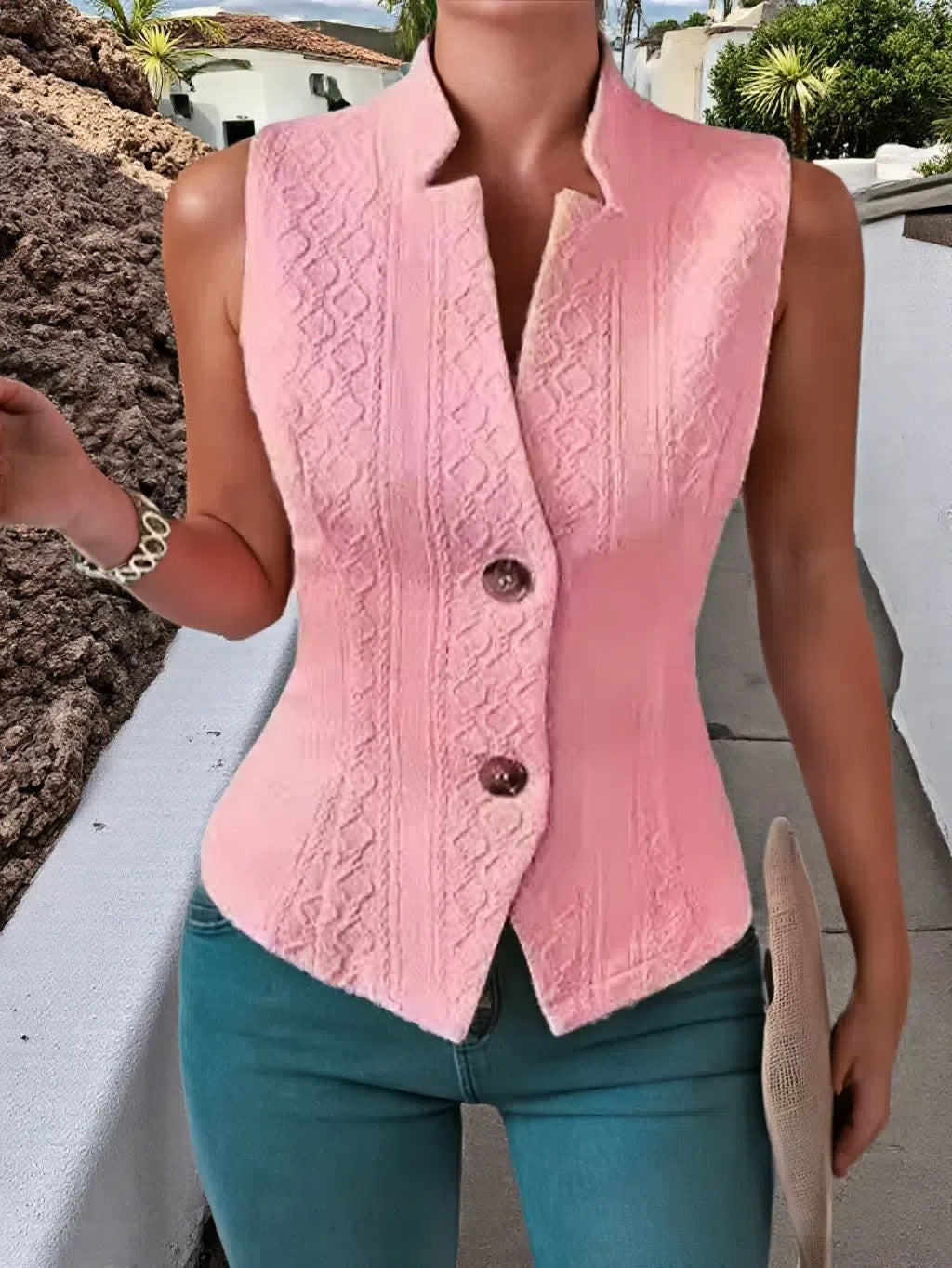 Veste de Veste sans manches à bouton V-Neck de style européen et américain amazonien féminin
