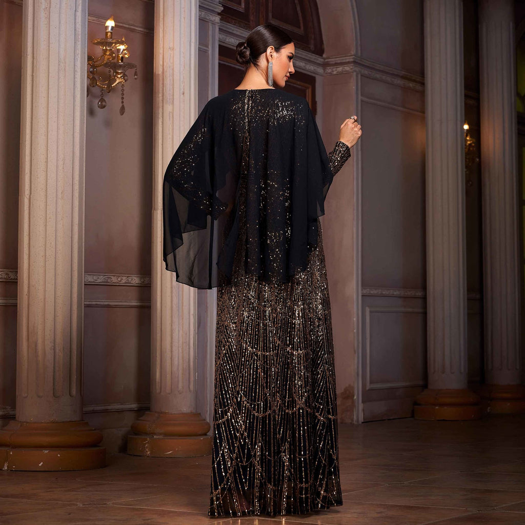 Élégante manches longues Col rond Châle Banquet pailleté A- Ligne Robe de soirée