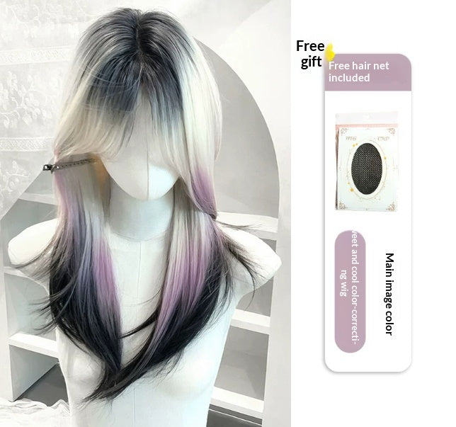 Femme Long Wavy Perruque en rose et noir avec poodle style bangs et une partie moyenne