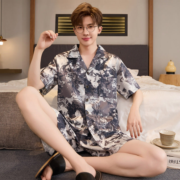 Hommes Summer Cardigan Ice-silk Manches courtes Top et shorts