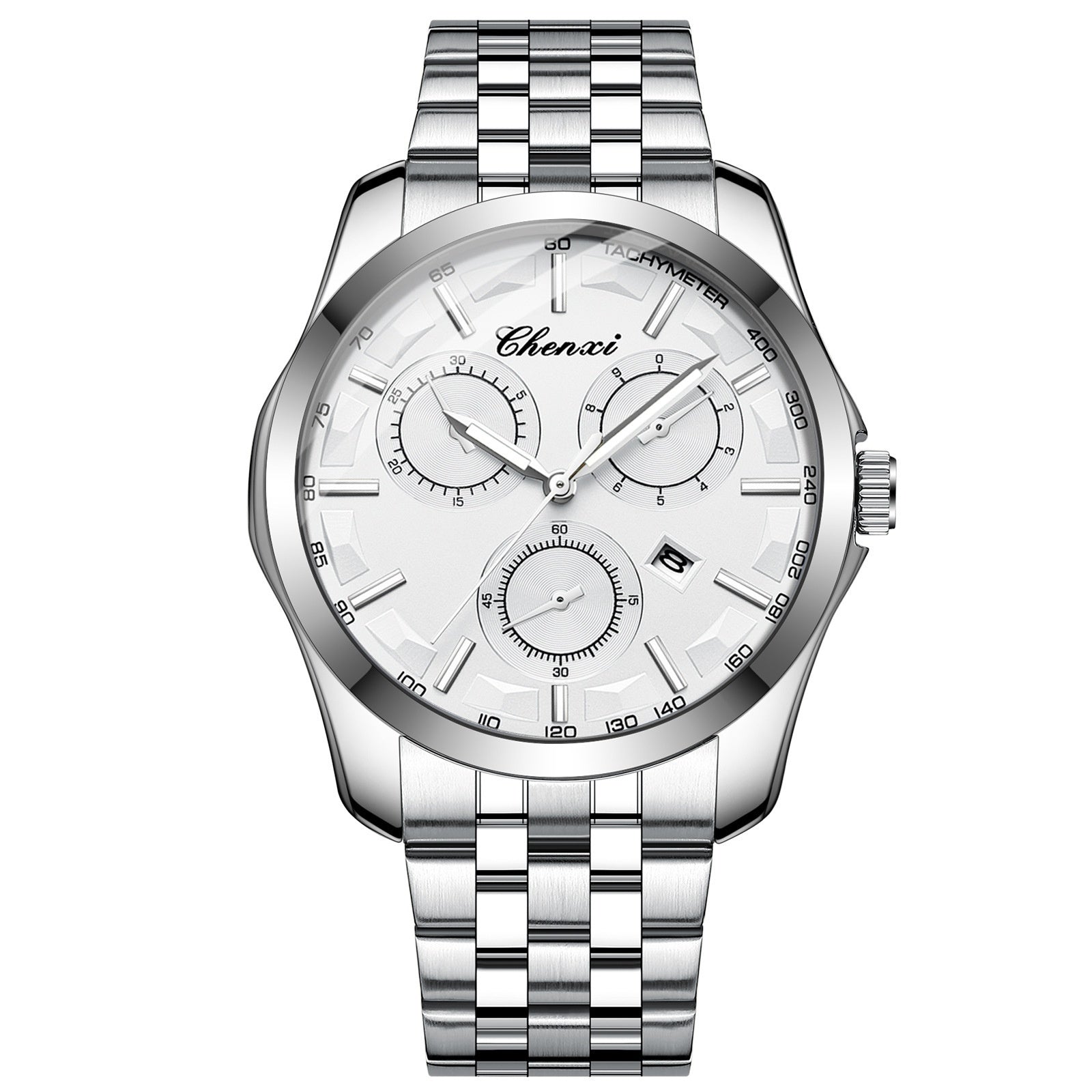 Homme d'affaires élégant montre avec les mains lumineuses