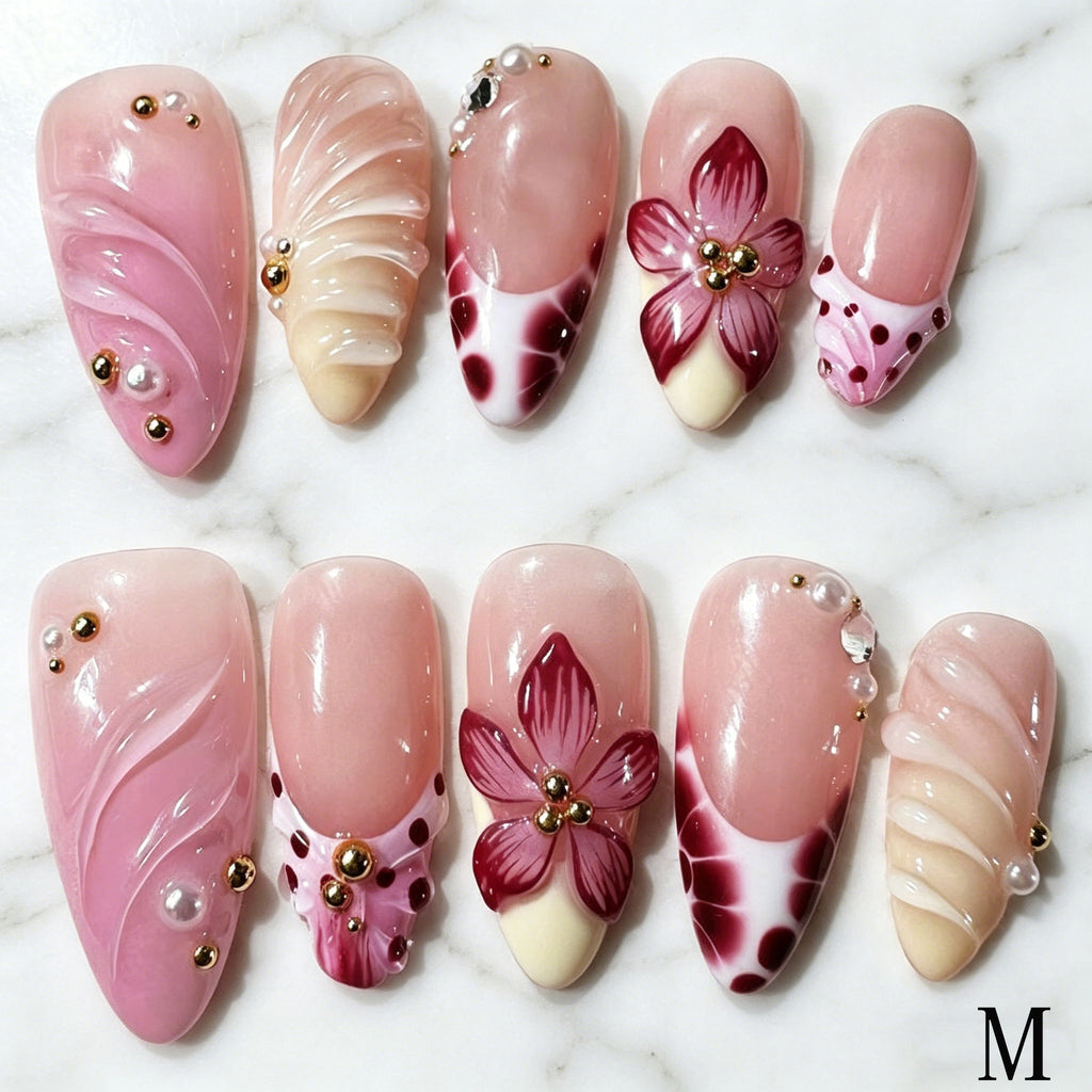 Nu de longueur moyenne Gradient Nails à pression florale tridimensionnels