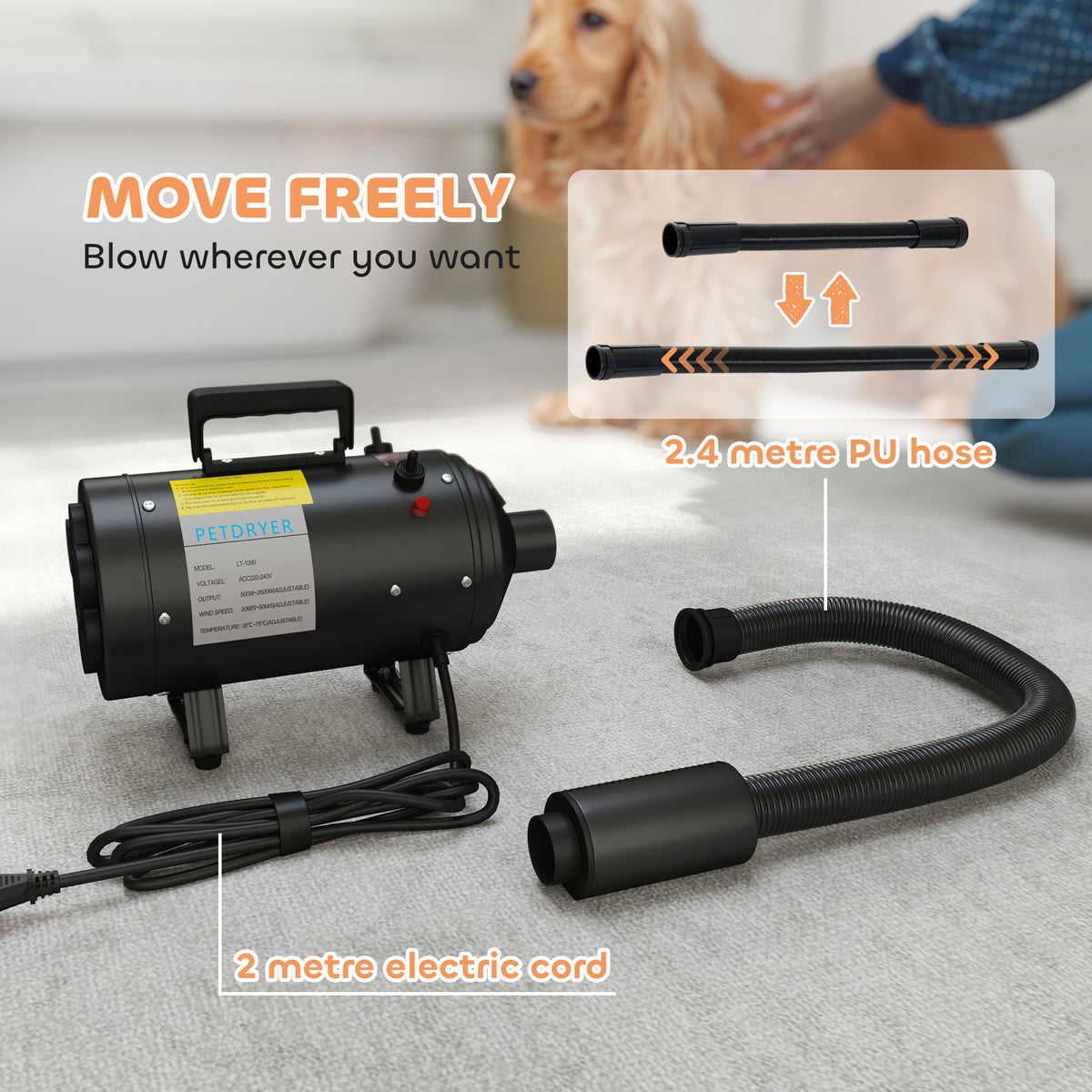 2200W Sèche-cheveux pour chien avec température réglable et vélocité