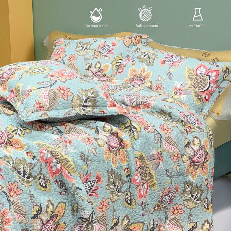 Cotton Reversible Quilt Bedspread Set American Countryside Print Vintage Botanical Design