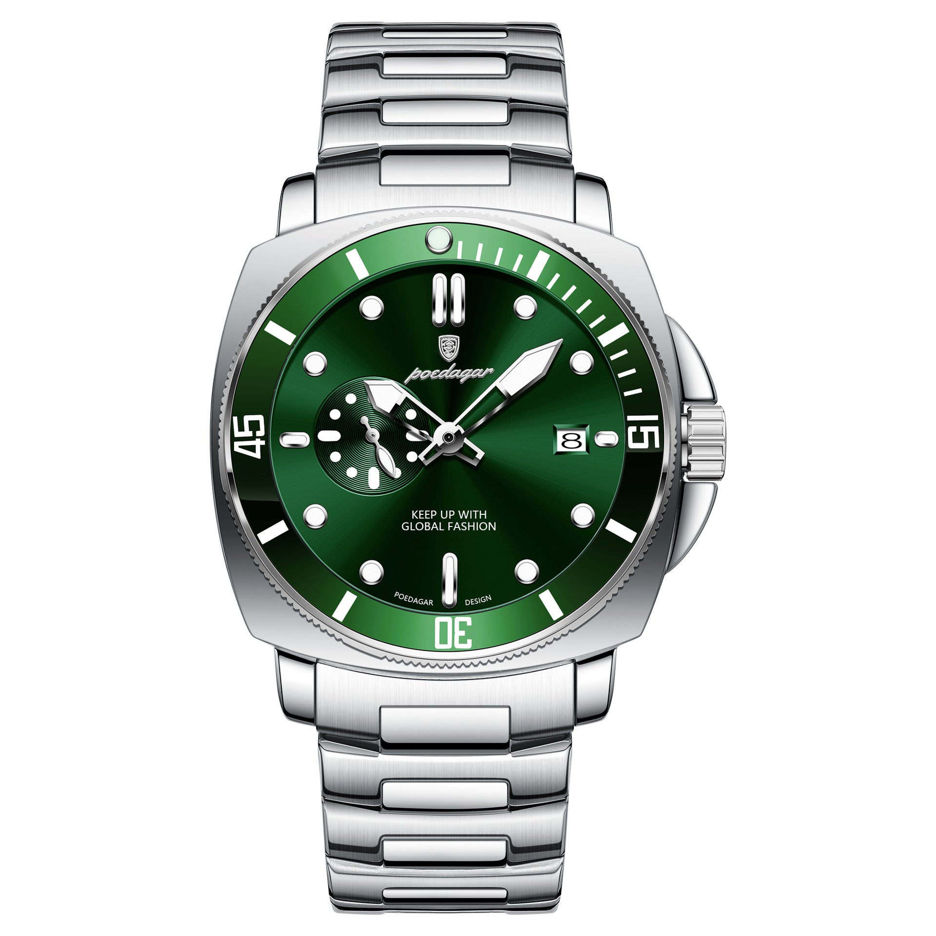 Homme Bande d'acier étanche Montre à quartz lumineux élégant