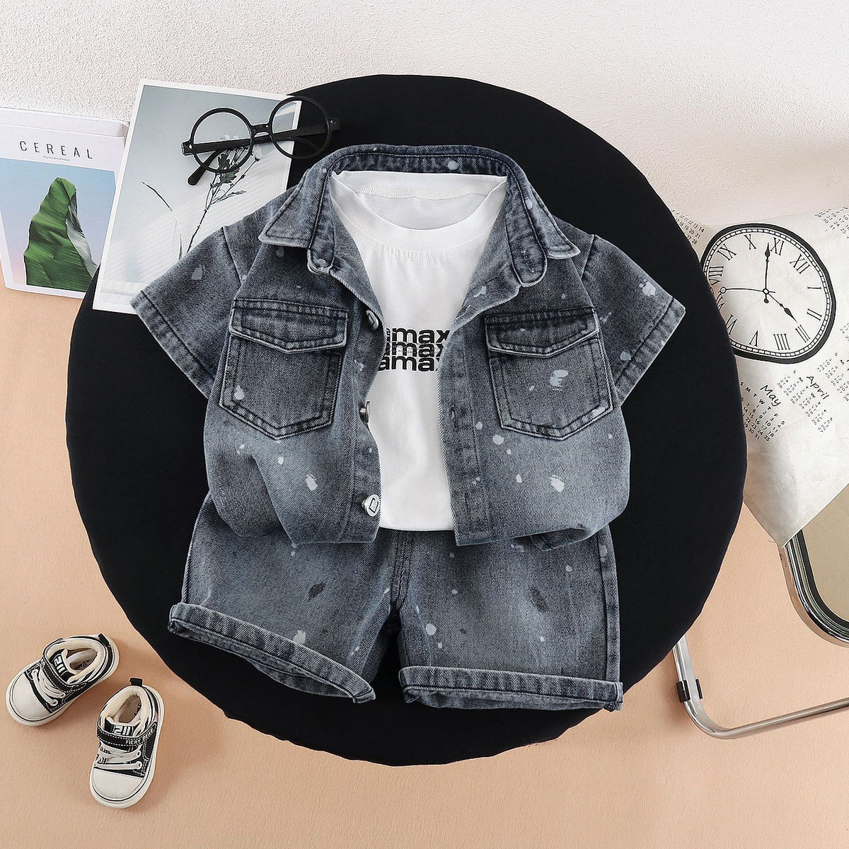 Garçons Western style mode Denim manches courtes Top et shorts trois pièces